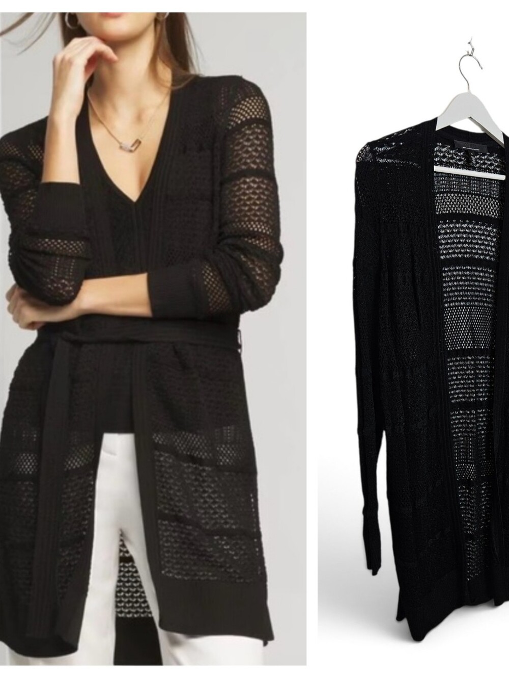 White House Black Market Cardigan S Boyfriend Pointelle Open Knit Longline Black